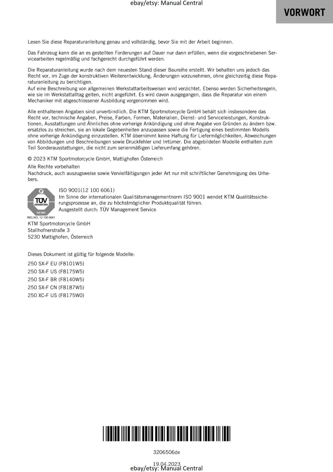 GERMAN LANGUAGE - KTM 2023- 250 SX-F XC-F - REPARATURANLEITUNG