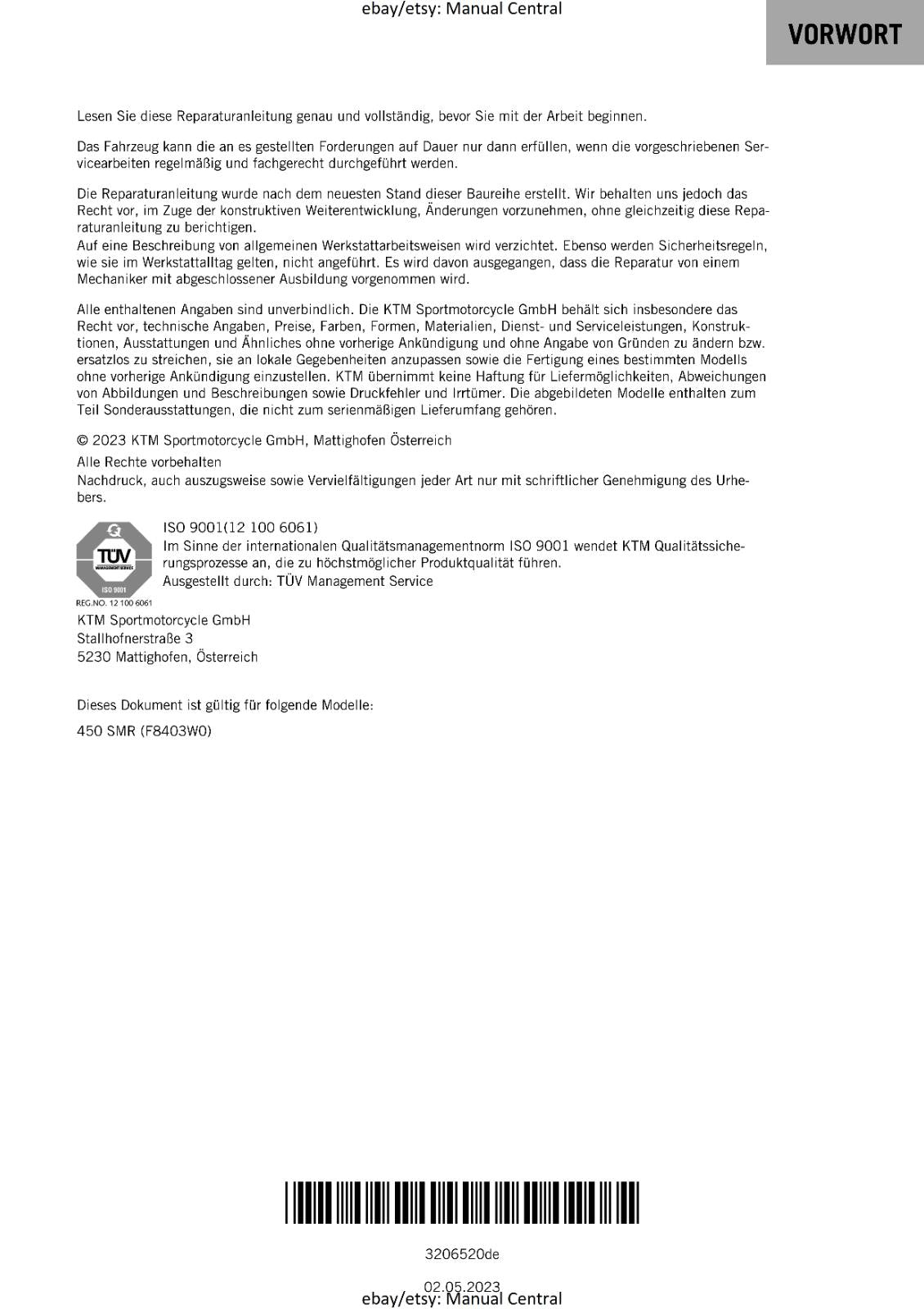 GERMAN LANGUAGE - KTM 2023- 450 SMR - REPARATURANLEITUNG