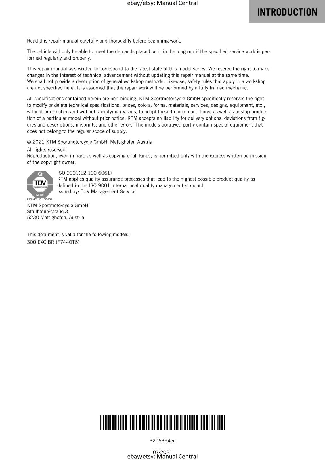 KTM 2020 - 300 EXC -  WORKSHOP SERVICE REPAIR MANUAL