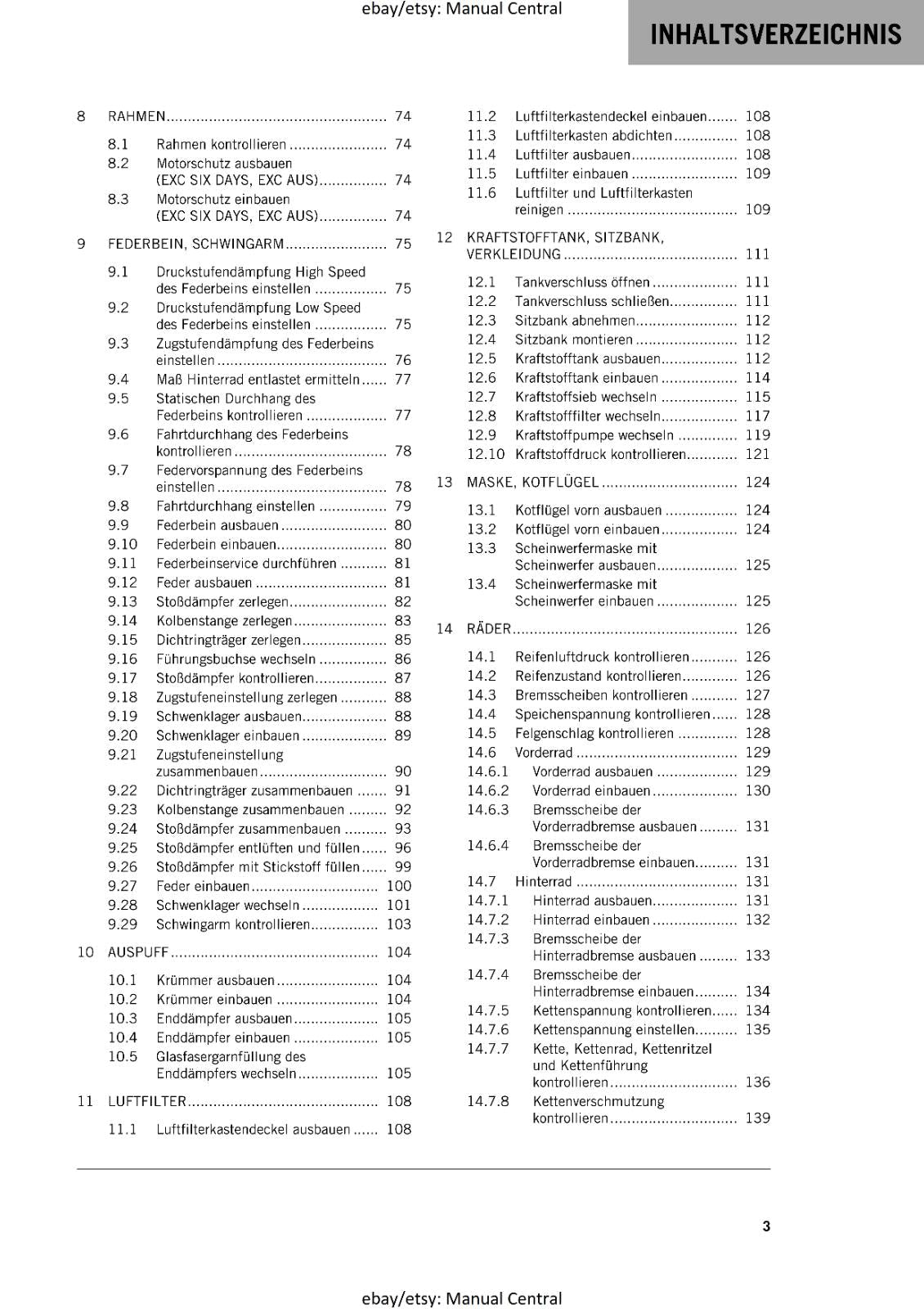 GERMAN LANGUAGE - KTM 2014- 450 500 EXC SIX DAYS XC-W - REPARATURANLEITUNG