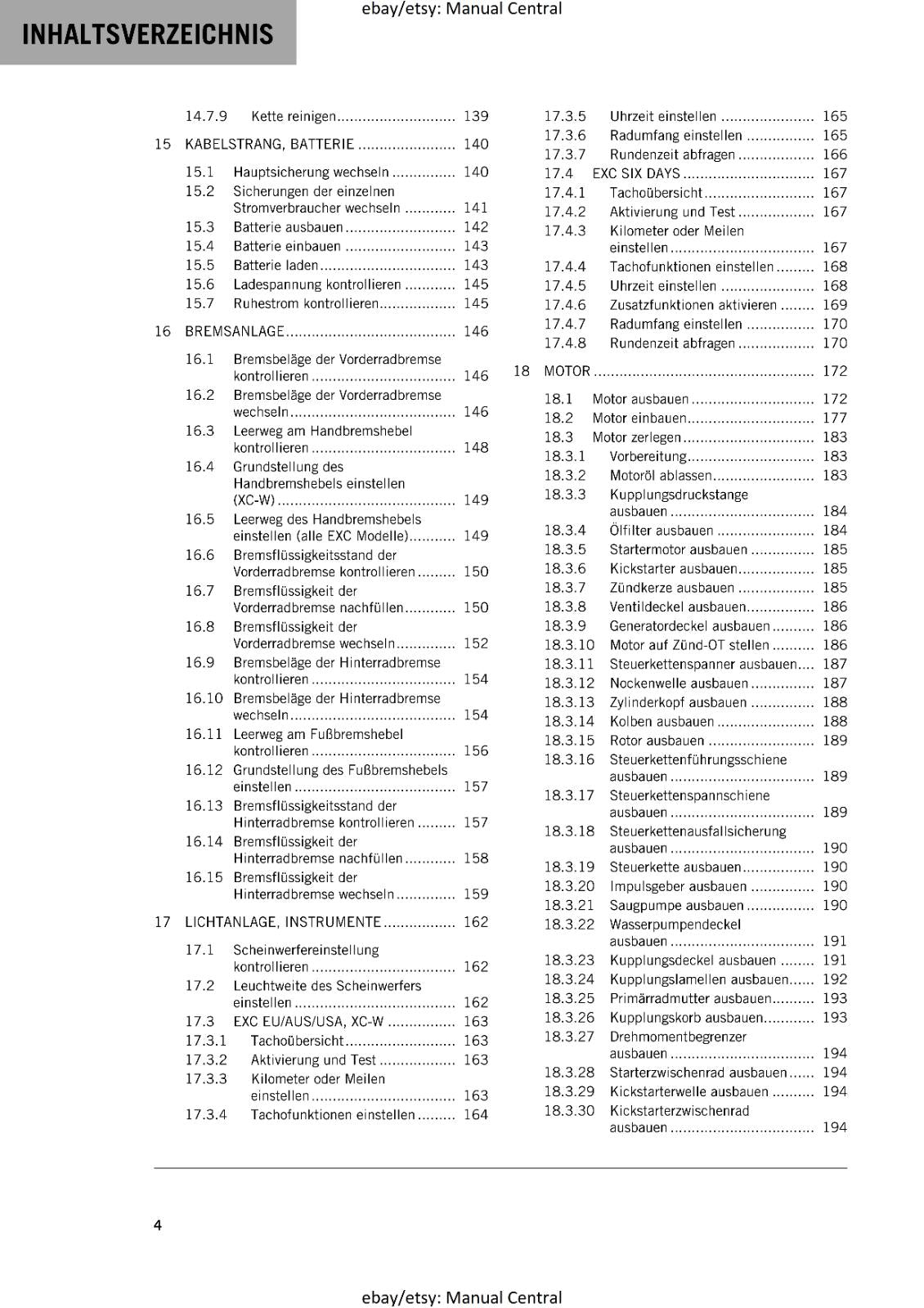 GERMAN LANGUAGE - KTM 2014- 450 500 EXC SIX DAYS XC-W - REPARATURANLEITUNG