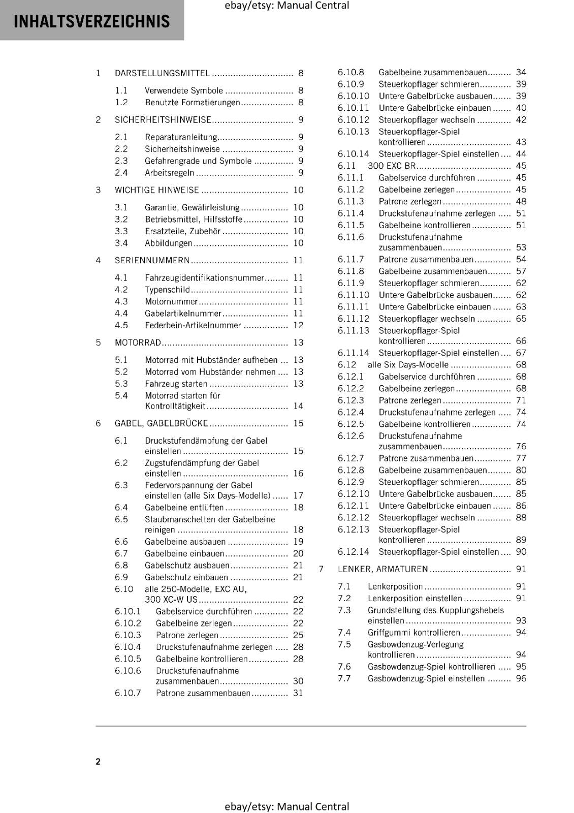 GERMAN LANGUAGE - KTM 2018 - 250 300 EXC XC-W SIX DAYS  - REPARATURANLEITUNG