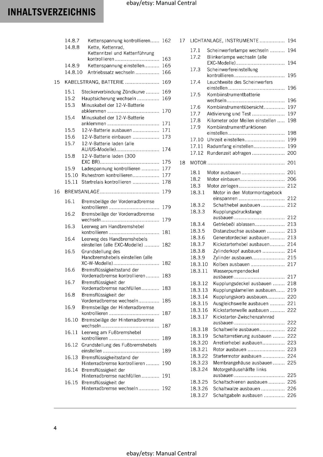 GERMAN LANGUAGE - KTM 2018 - 250 300 EXC XC-W SIX DAYS  - REPARATURANLEITUNG