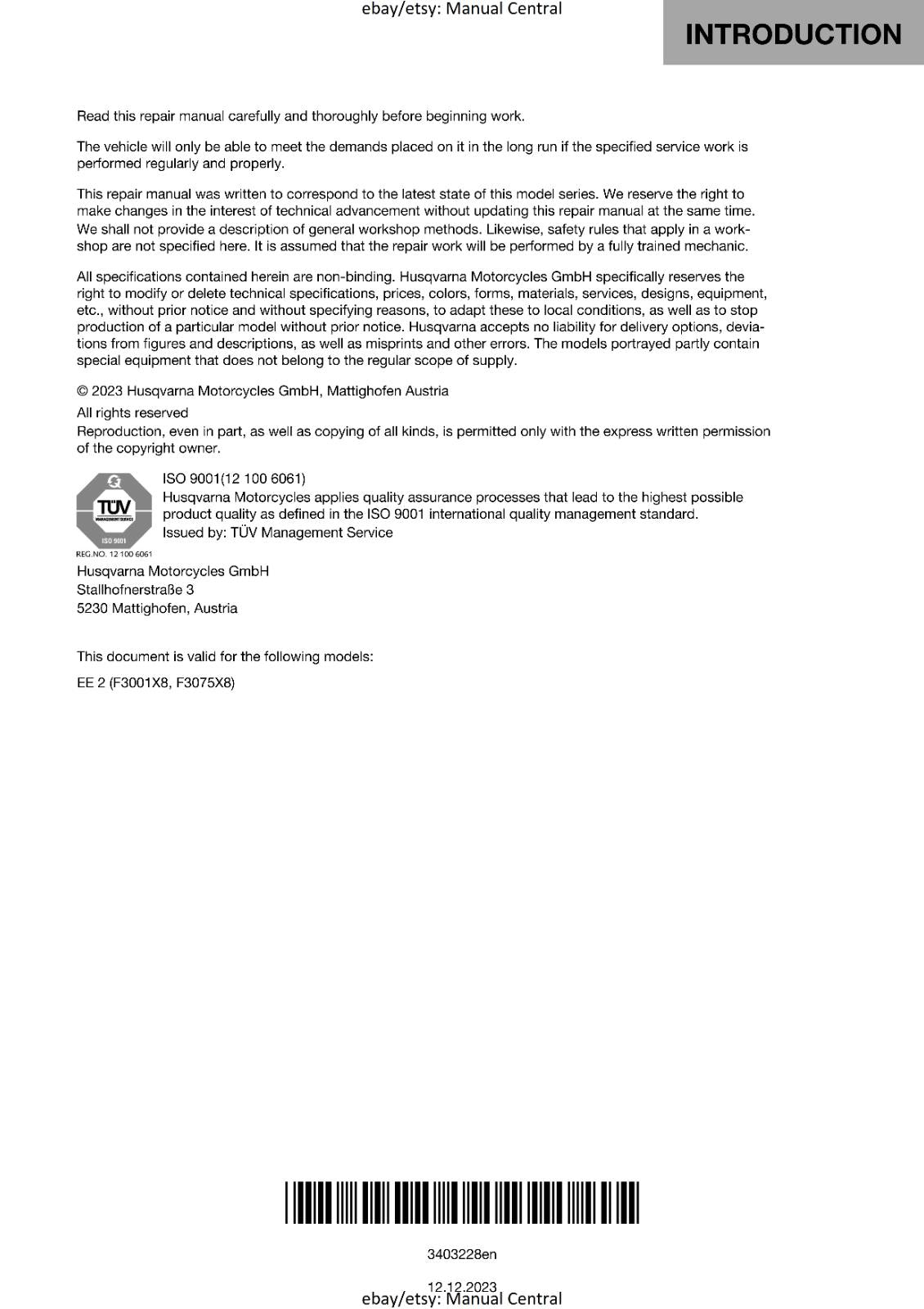 HUSQVARNA 2024 - EE 2 -  WORKSHOP SERVICE REPAIR MANUAL - REPRINTED