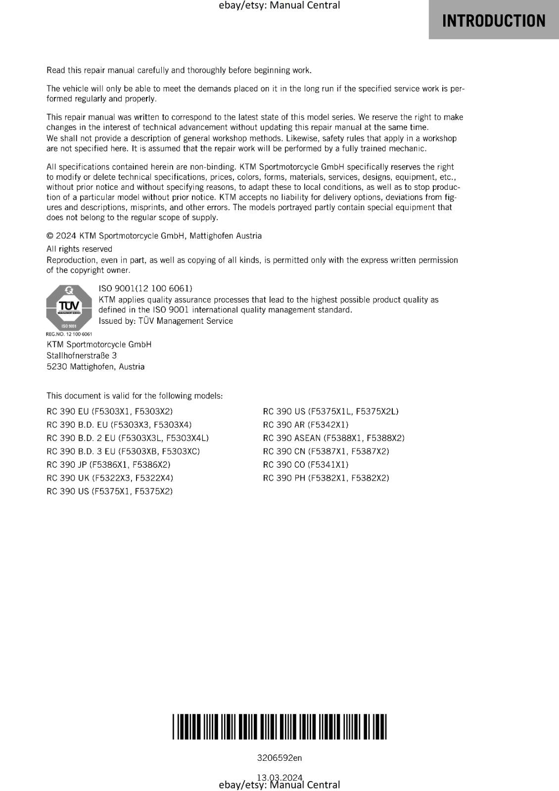 KTM 2024 - RC 390 -  WORKSHOP SERVICE REPAIR MANUAL - REPRINTED