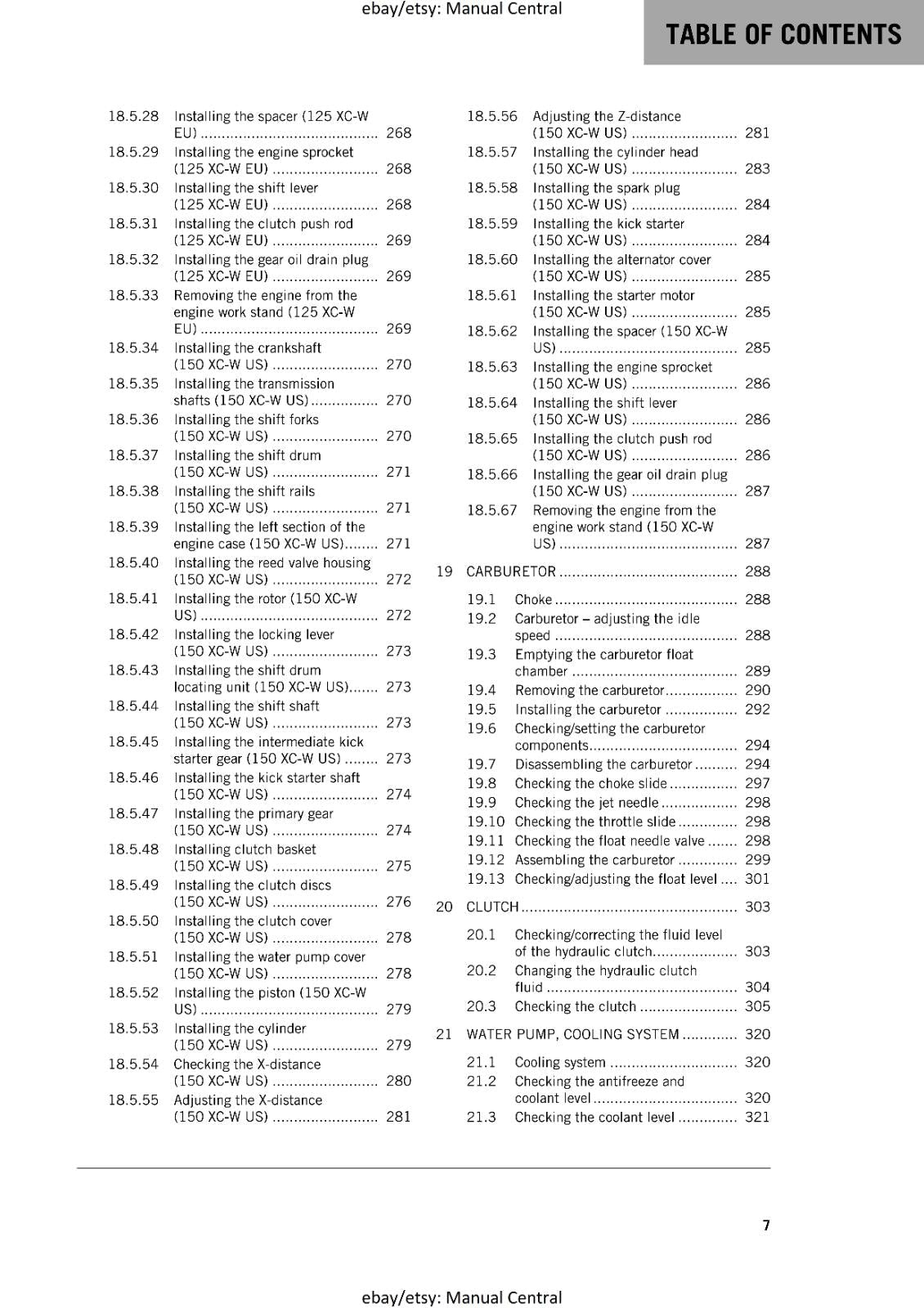 KTM MOTORCYCLE 2019 -  125 150 XC-W - WORKSHOP SERVICE MANUAL - REPRINT