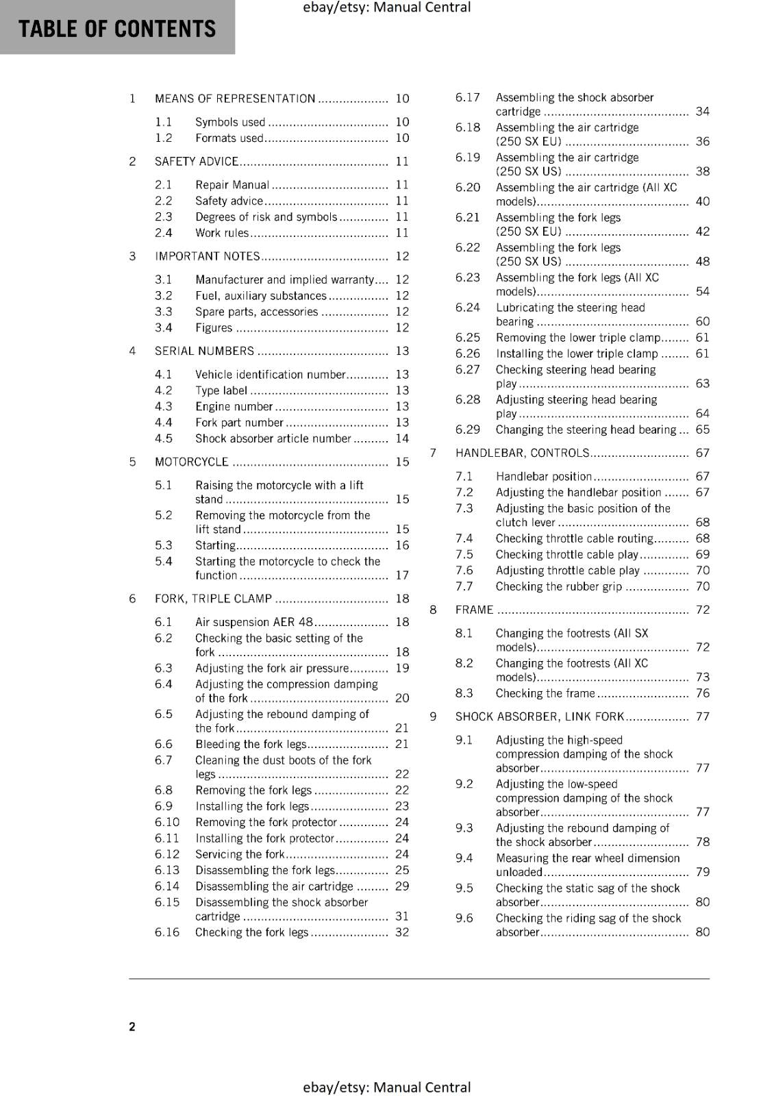 KTM MOTORCYCLE 2019 -  250 300 SX XC -  WORKSHOP SERVICE MANUAL - REPRINT