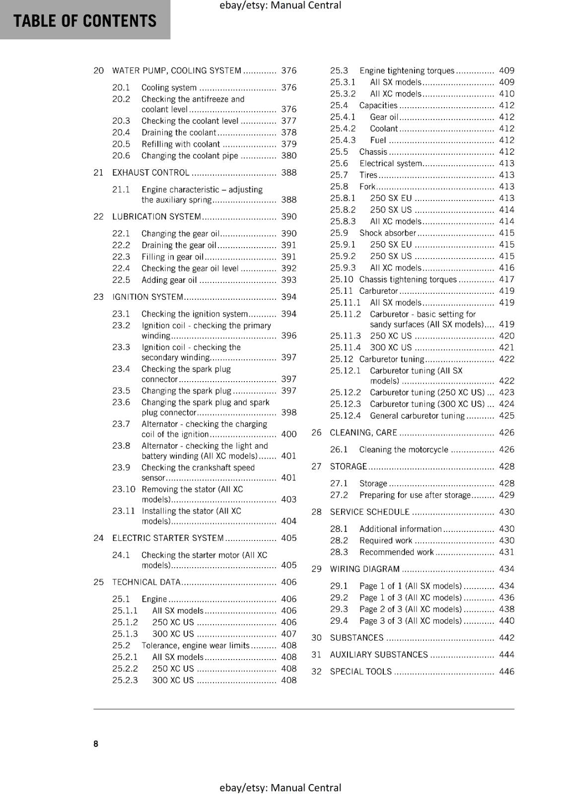 KTM MOTORCYCLE 2019 -  250 300 SX XC -  WORKSHOP SERVICE MANUAL - REPRINT