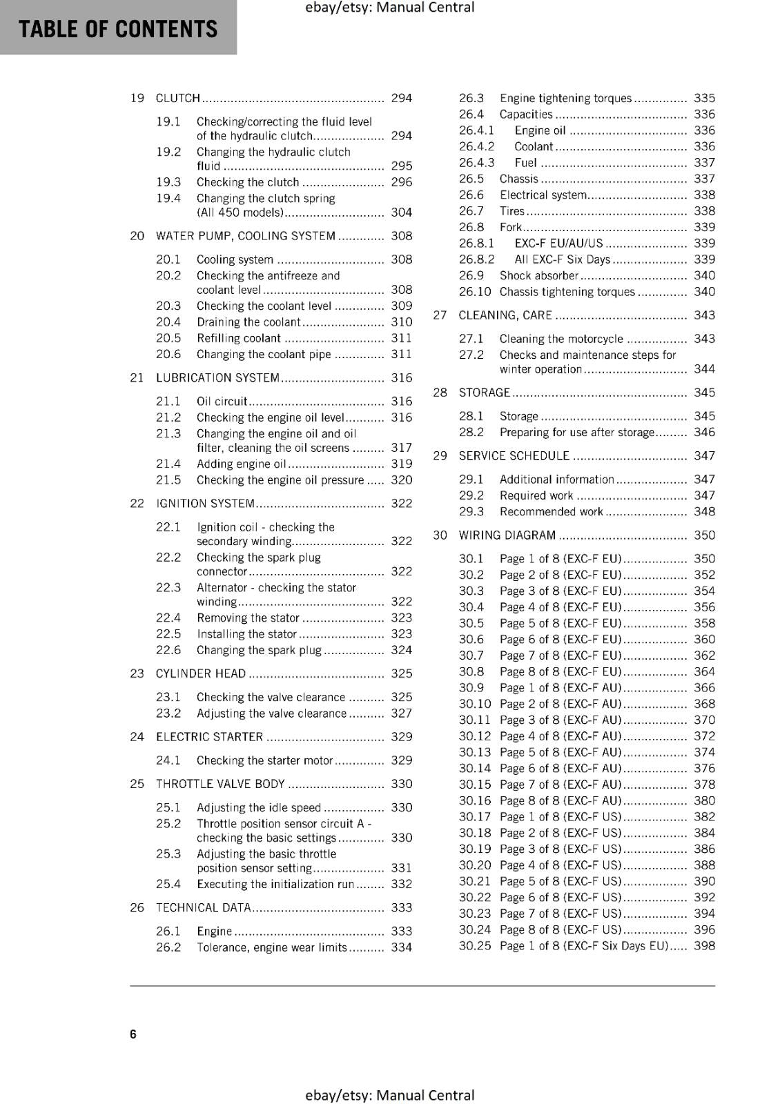 KTM MOTORCYCLE 2019 -  450 500 EXC-F SIX DAYS  -  WORKSHOP SERVICE MANUAL