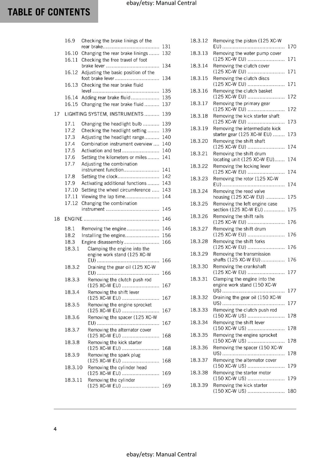 KTM MOTORCYCLE 2018 -  125 150 XC-W - WORKSHOP SERVICE MANUAL - REPRINT