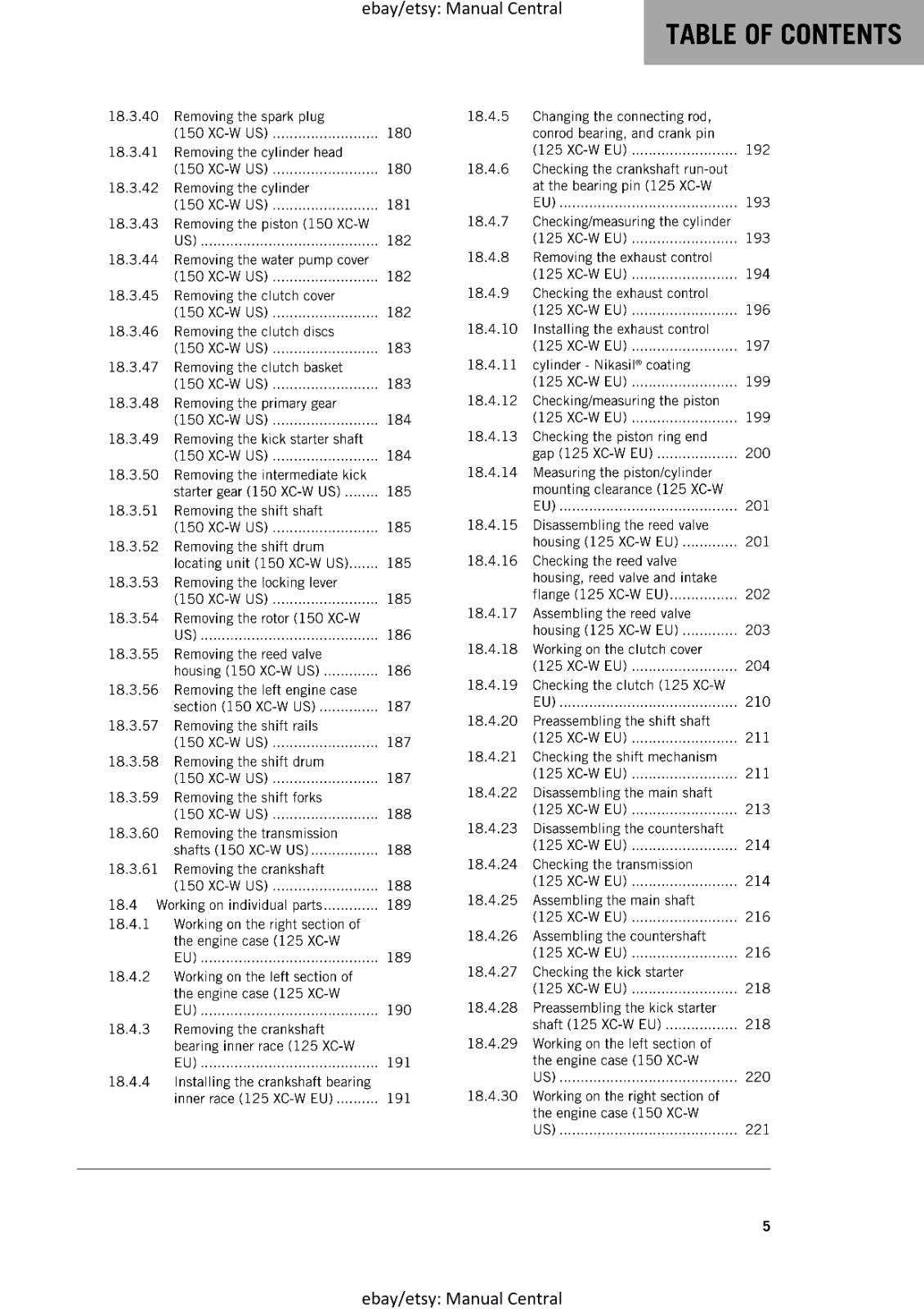 KTM MOTORCYCLE 2018 -  125 150 XC-W - WORKSHOP SERVICE MANUAL - REPRINT