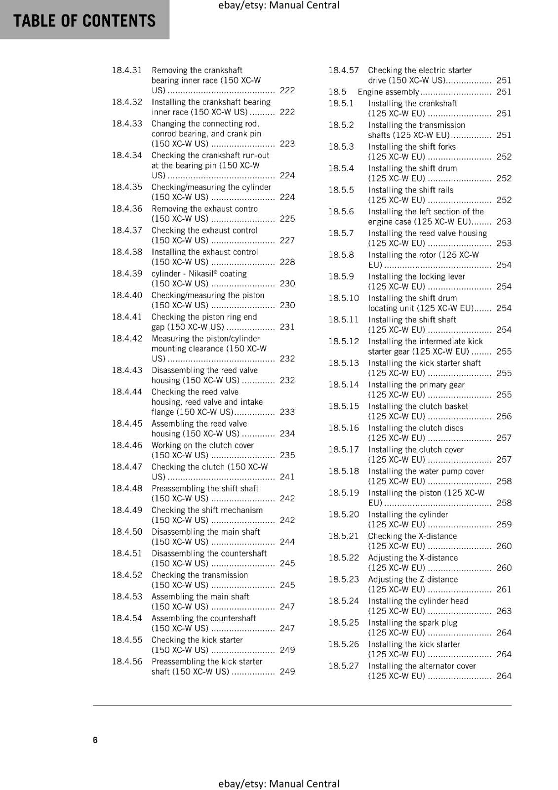 KTM MOTORCYCLE 2018 -  125 150 XC-W - WORKSHOP SERVICE MANUAL - REPRINT