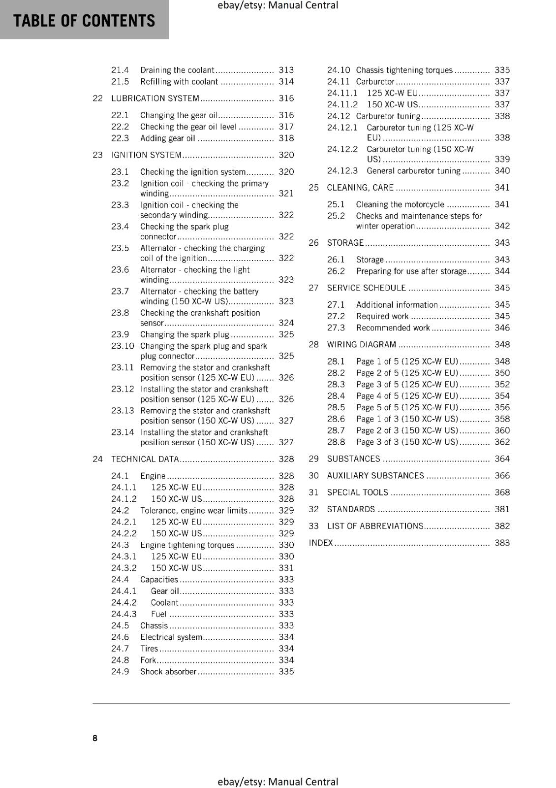KTM MOTORCYCLE 2018 -  125 150 XC-W - WORKSHOP SERVICE MANUAL - REPRINT
