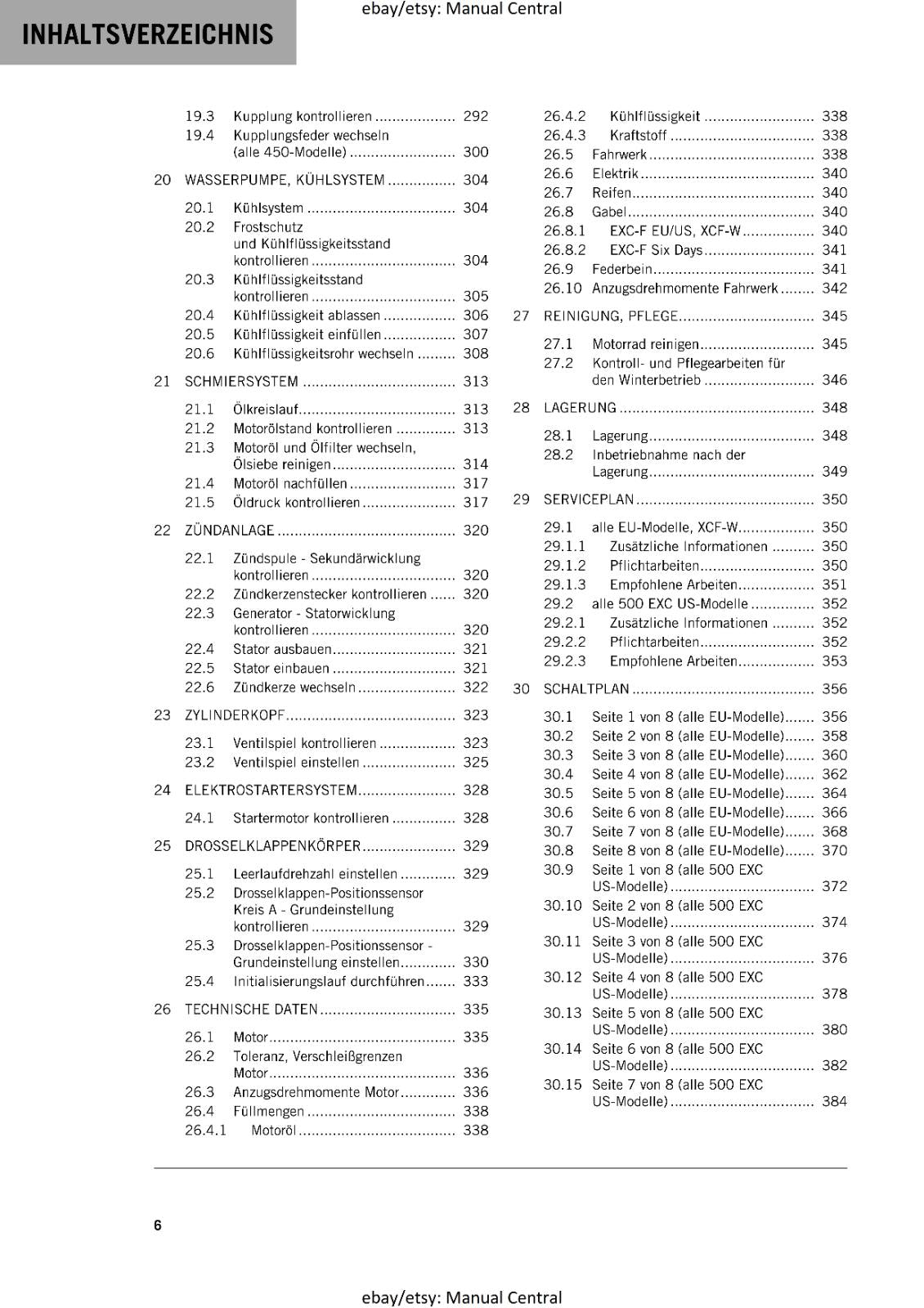 GERMAN LANGUAGE - KTM 2020- 450 500  EXC-F SIX DAYS XCF-W - REPARATURANLEITUNG