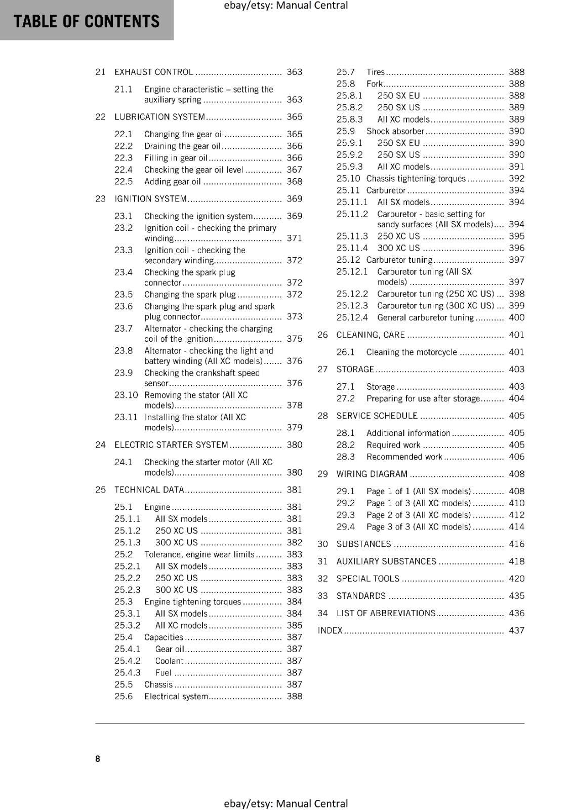 KTM MOTORCYCLE 2018 -  250 300 SX XC - WORKSHOP SERVICE MANUAL
