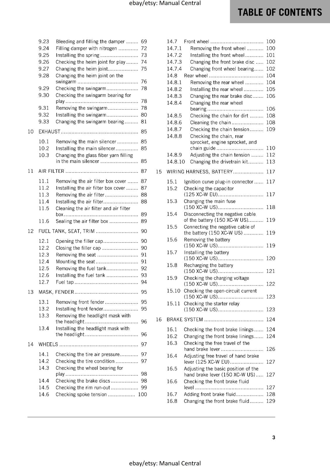 KTM MOTORCYCLE 2017 -  125 150 XC-W - WORKSHOP SERVICE MANUAL - REPRINT