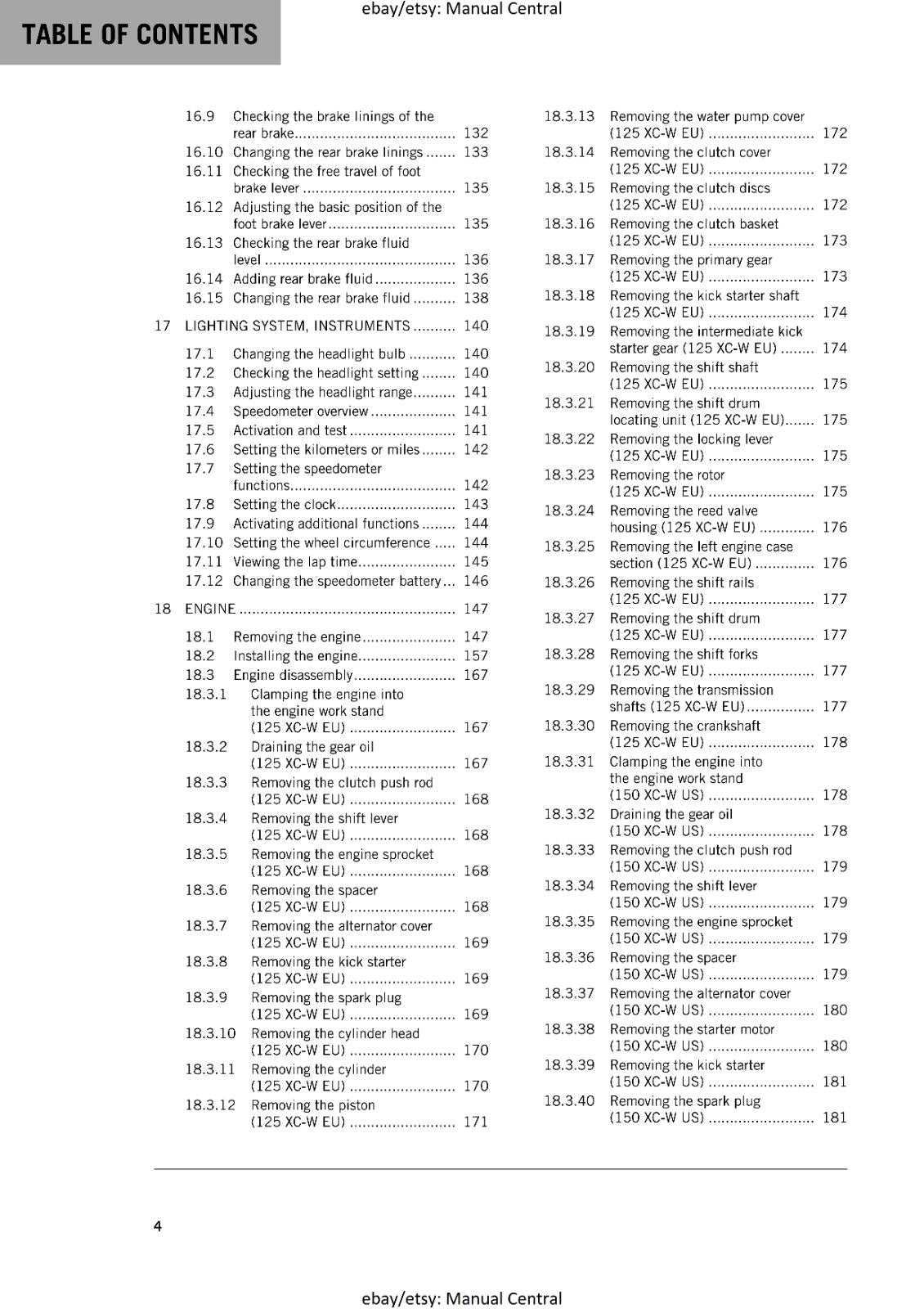 KTM MOTORCYCLE 2017 -  125 150 XC-W - WORKSHOP SERVICE MANUAL - REPRINT