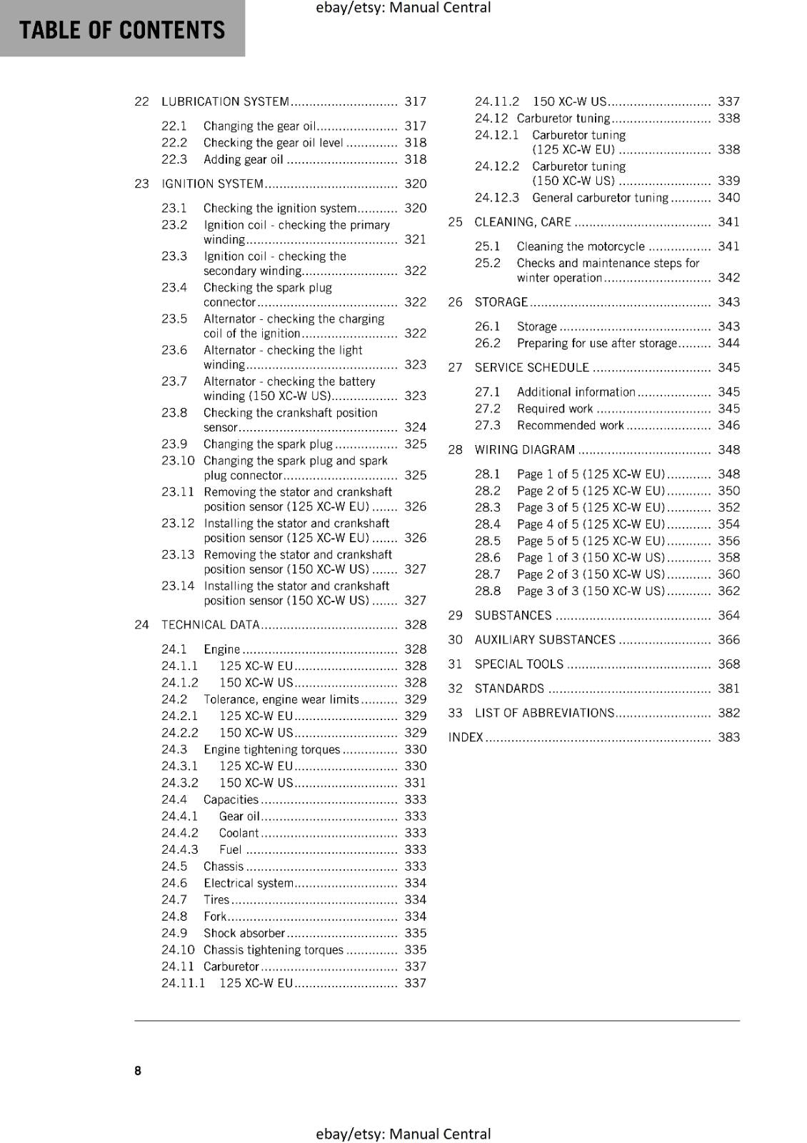 KTM MOTORCYCLE 2017 -  125 150 XC-W - WORKSHOP SERVICE MANUAL - REPRINT