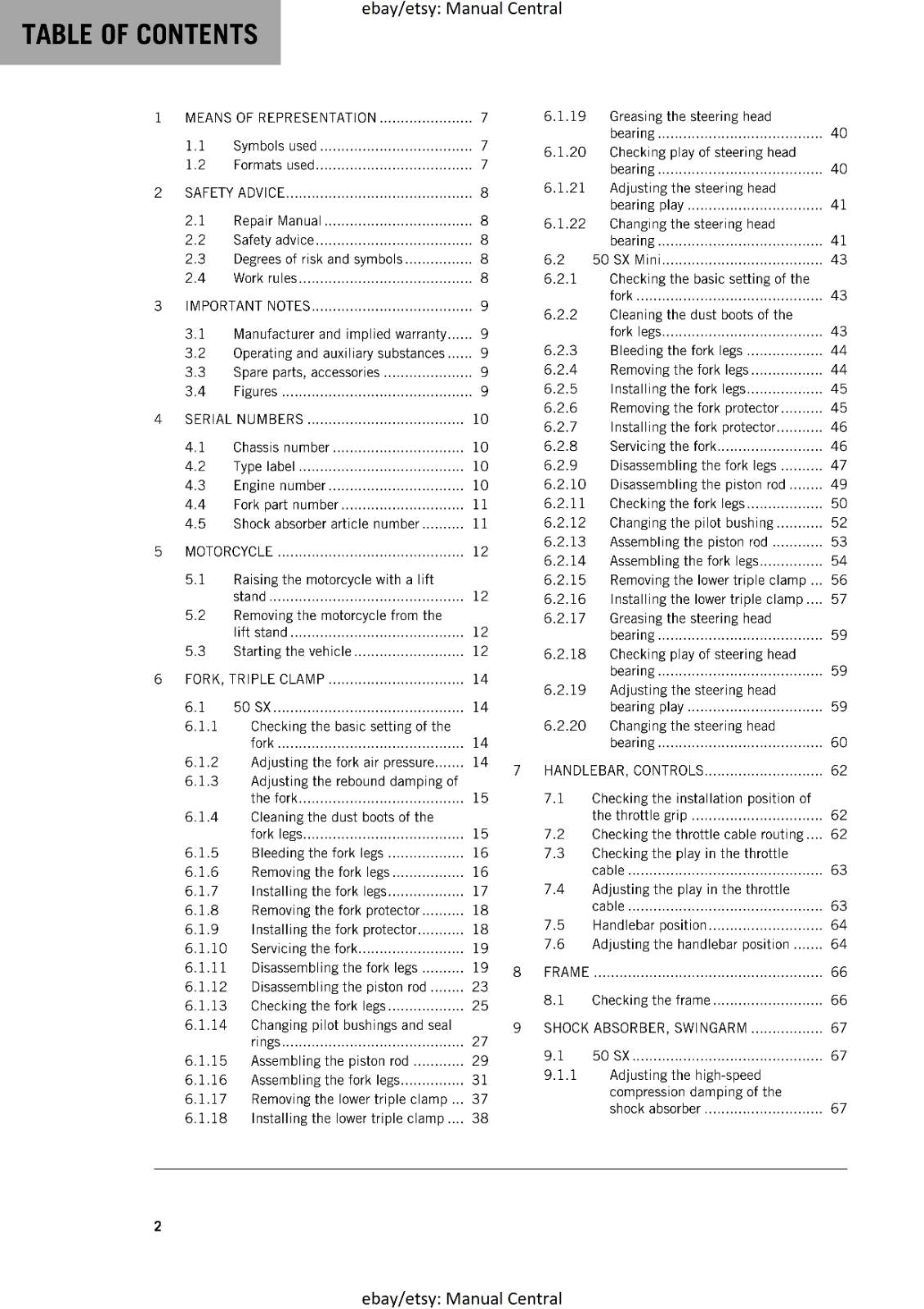 KTM MOTORCYCLE 2017 -  50 SX MINI - WORKSHOP SERVICE MANUAL - REPRINT