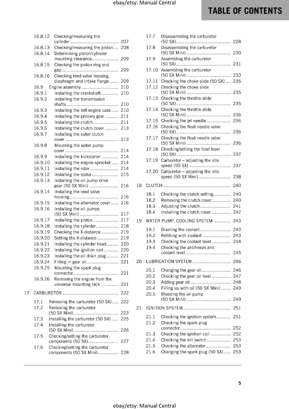 KTM MOTORCYCLE 2017 -  50 SX MINI - WORKSHOP SERVICE MANUAL - REPRINT