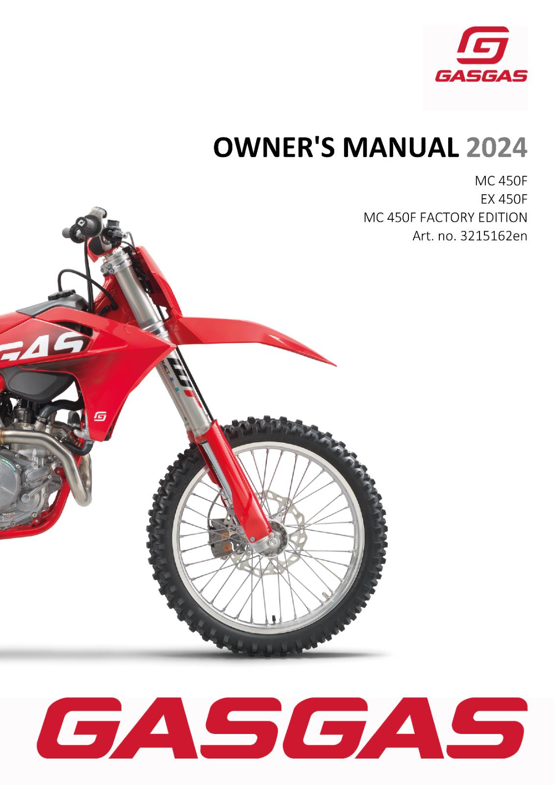 2024 GASGAS OWNERS MANUAL - EX MC 450F FACTORY EDITION - REPRINTED
