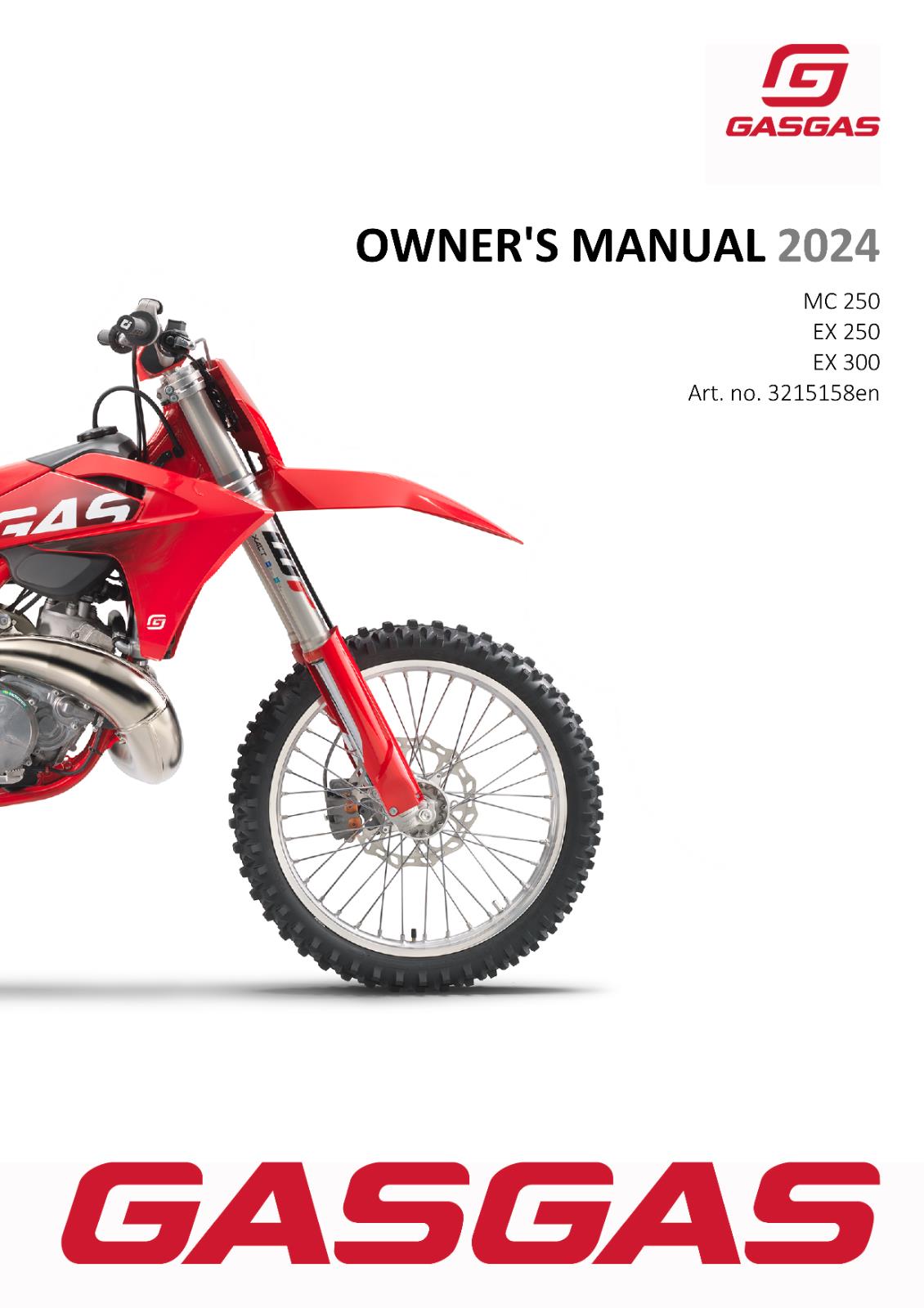 2024 GASGAS OWNERS MANUAL - MC 250 EX 250 300 - REPRINTED