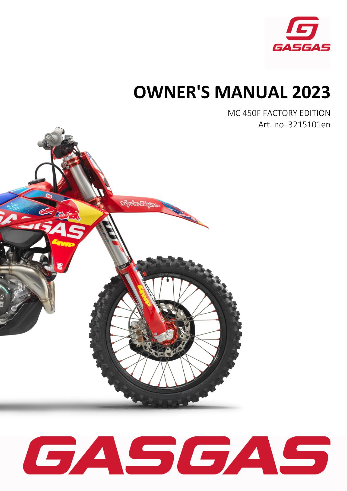 2023 GASGAS OWNERS MANUAL - MC 450F FACTORY EDITION - REPRINTED