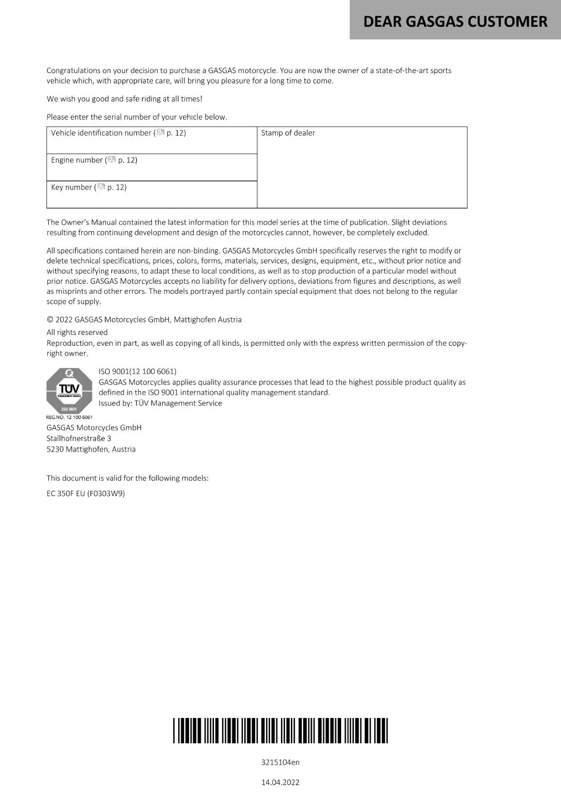 2023 GASGAS OWNERS MANUAL - EC 350F - REPRINTED