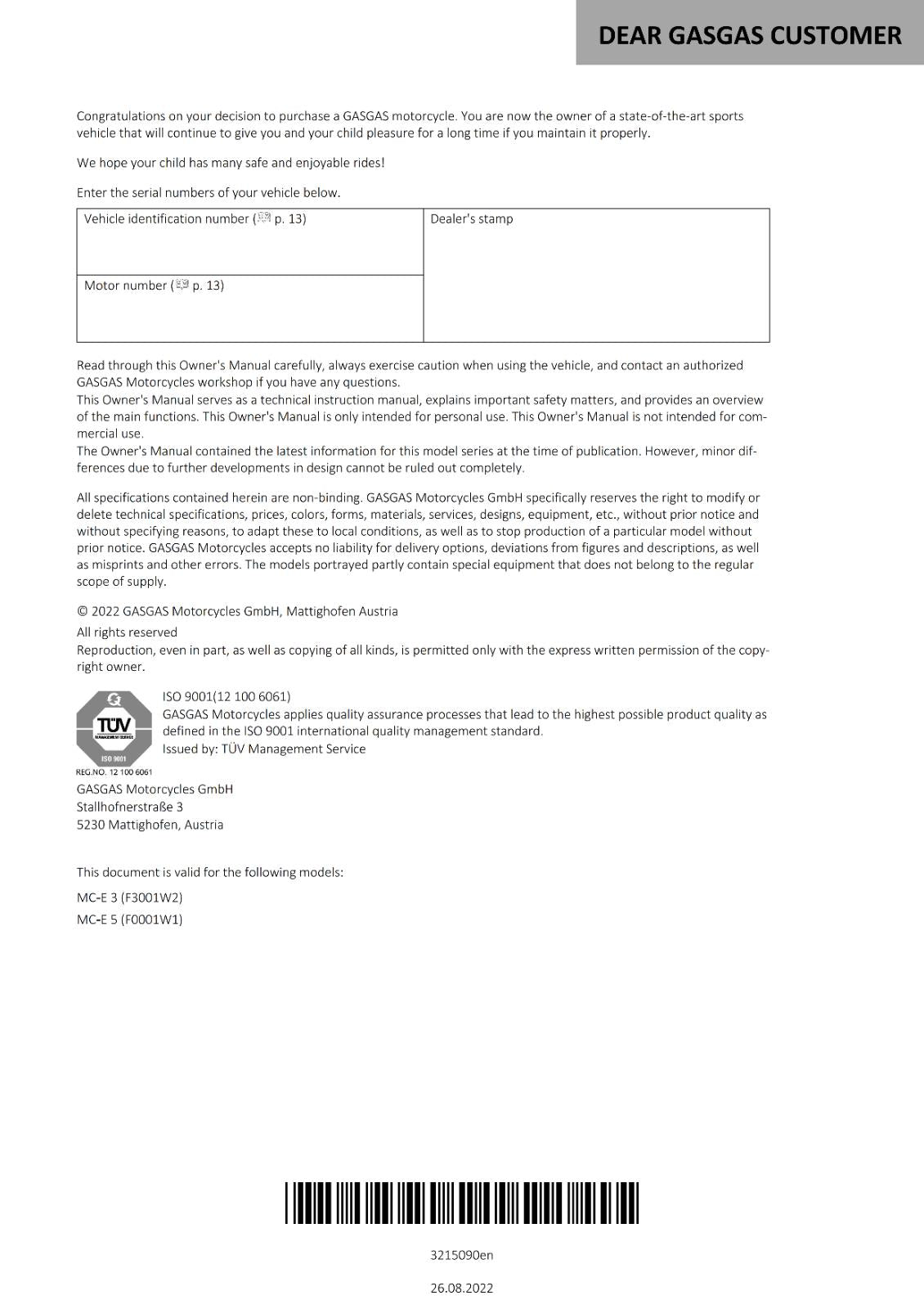 2023 GASGAS OWNERS MANUAL - MC-E 3 5 - REPRINTED