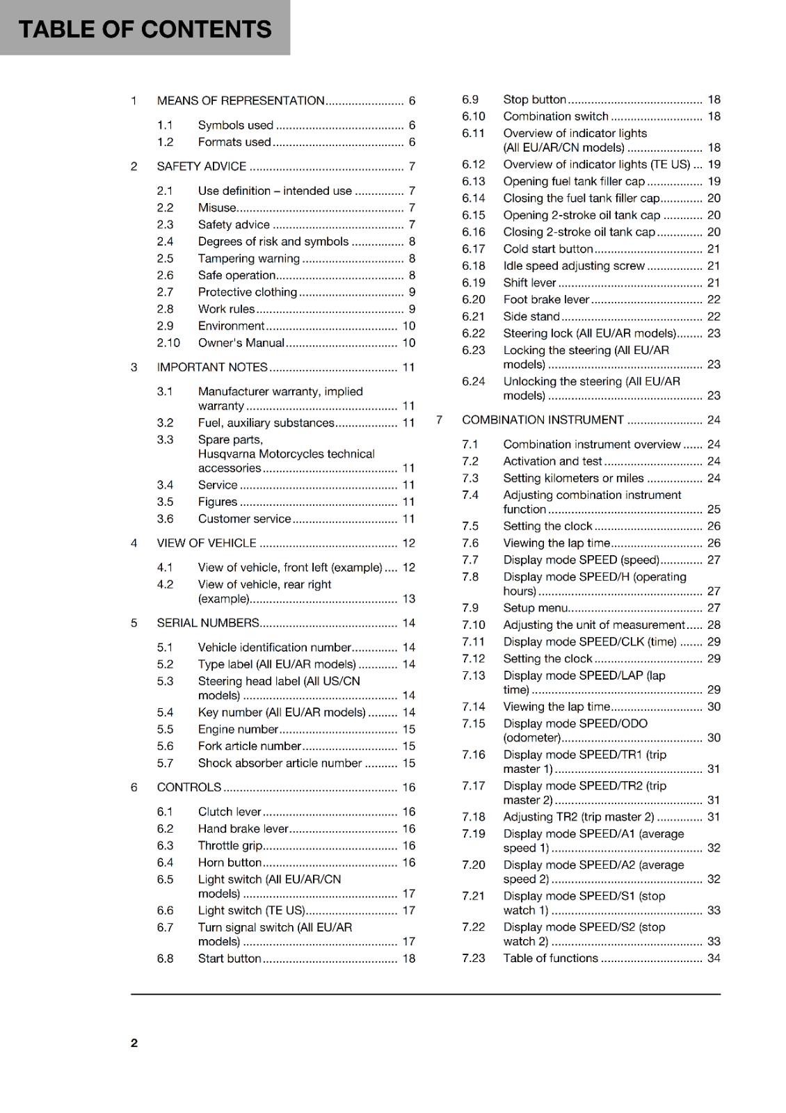 HUSQVARNA 2024 OWNERS MANUAL - TE 250 300 PRO - REPRINTED