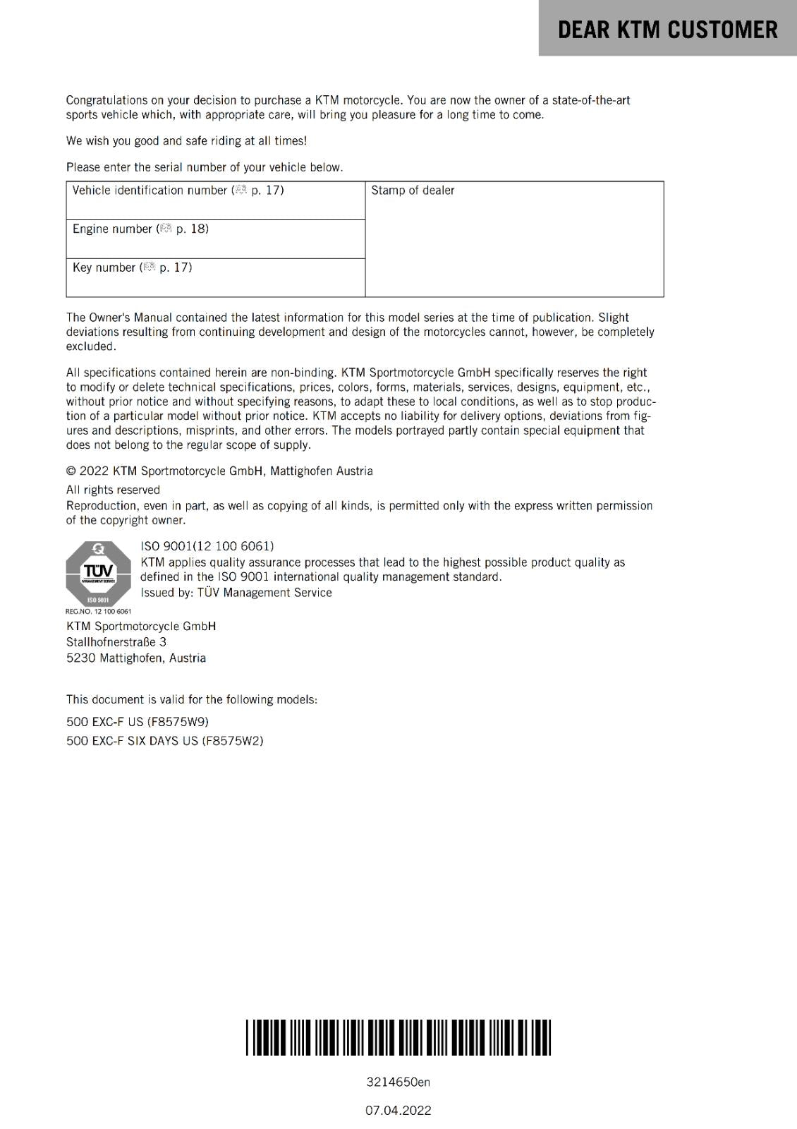 KTM 2023 OWNERS MANUAL - 500 EXC-F SIX DAYS - REPRINTED