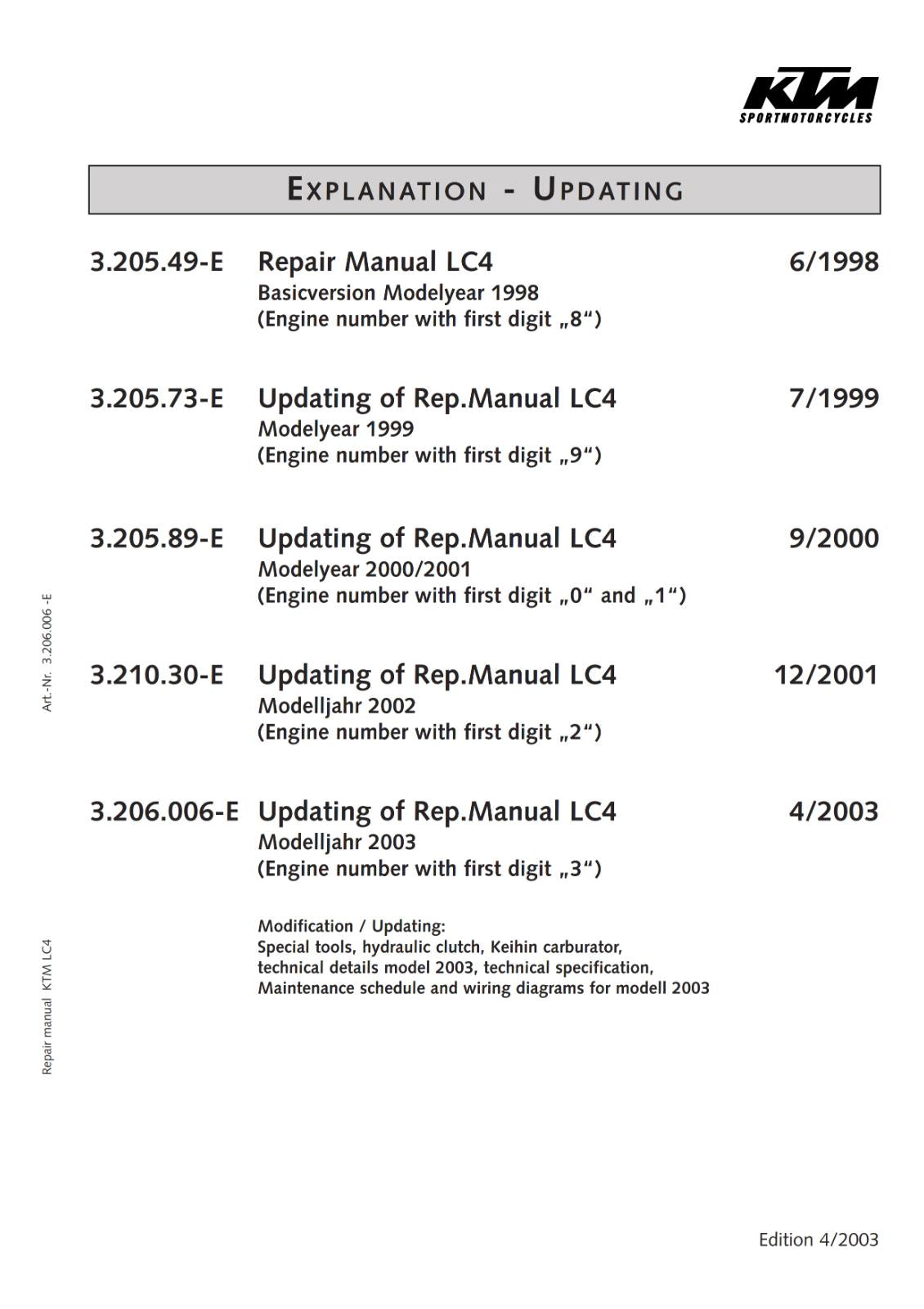KTM 1999 2000 2001 2002 2003 - 400 540 620 640 660 SXC SC LC4 LC4-E SUPERMOTO