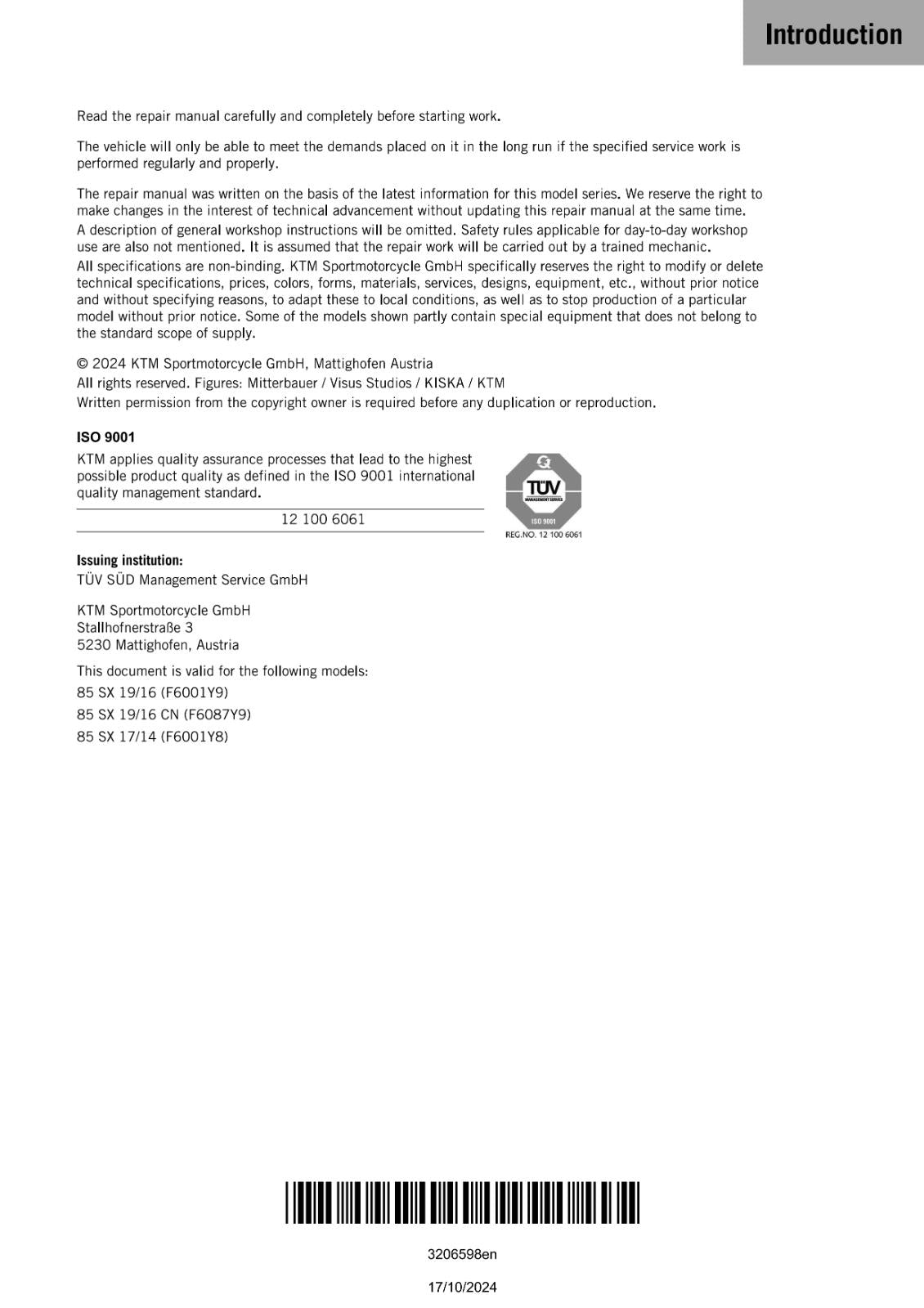 2025 KTM - 85 SX 19/16 17/14 - WORKSHOP SERVICE REPAIR MANUAL - REPRINTED