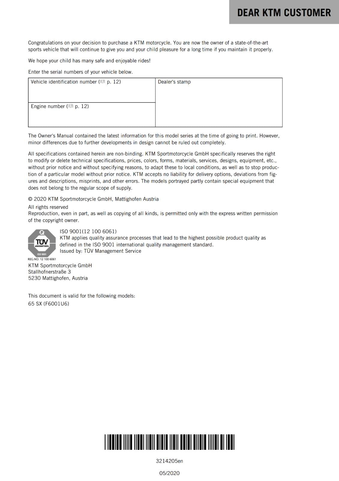 KTM 2021 OWNERS MANUAL - 65 SX