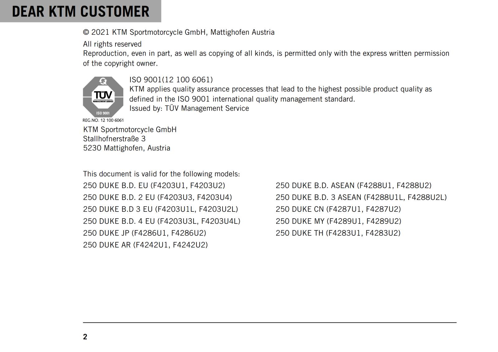 KTM 2021 OWNERS MANUAL - 250 DUKE - REPRINTED
