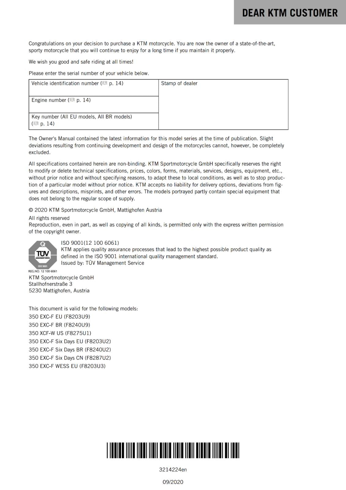 KTM 2021 OWNERS MANUAL - 350 EXC-F XCF-W SIX DAYS WESS   - REPRINTED