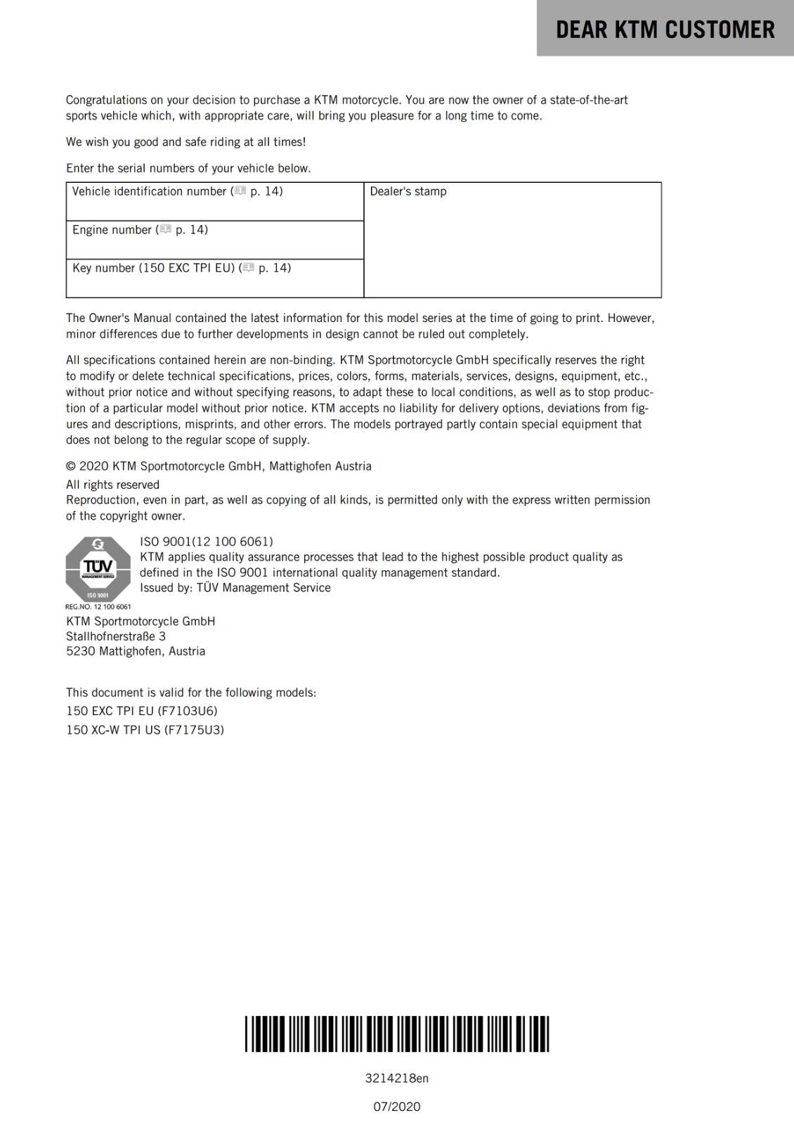 KTM 2021 OWNERS MANUAL - 150 ECX TPI - 150 XC-W TPI  - REPRINTED