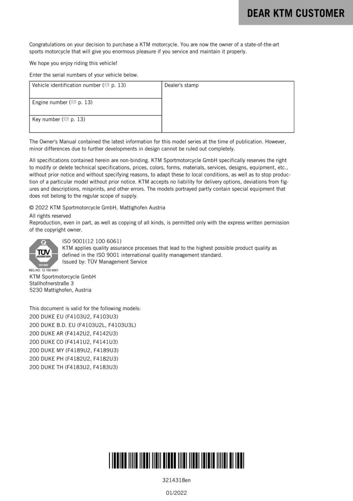KTM 2021 OWNERS MANUAL - 200 DUKE  - REPRINTED