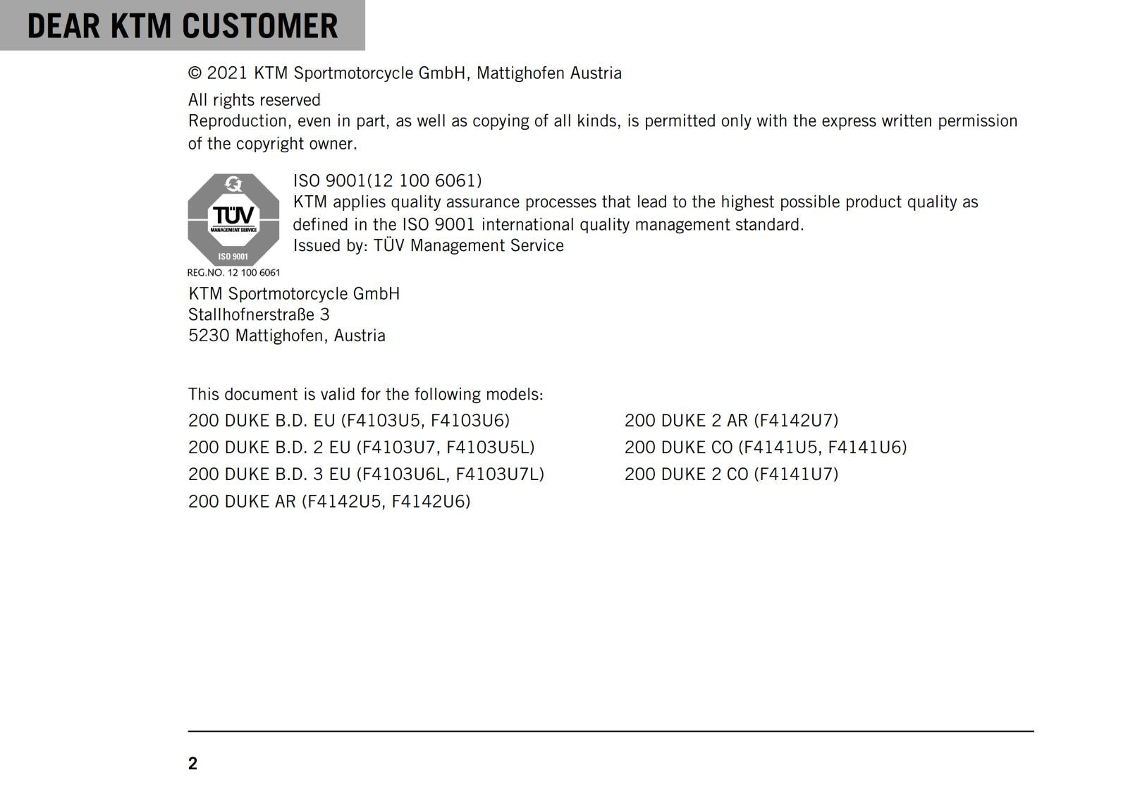 KTM 2021 OWNERS MANUAL - 200 DUKE EU EDITION - REPRINTED