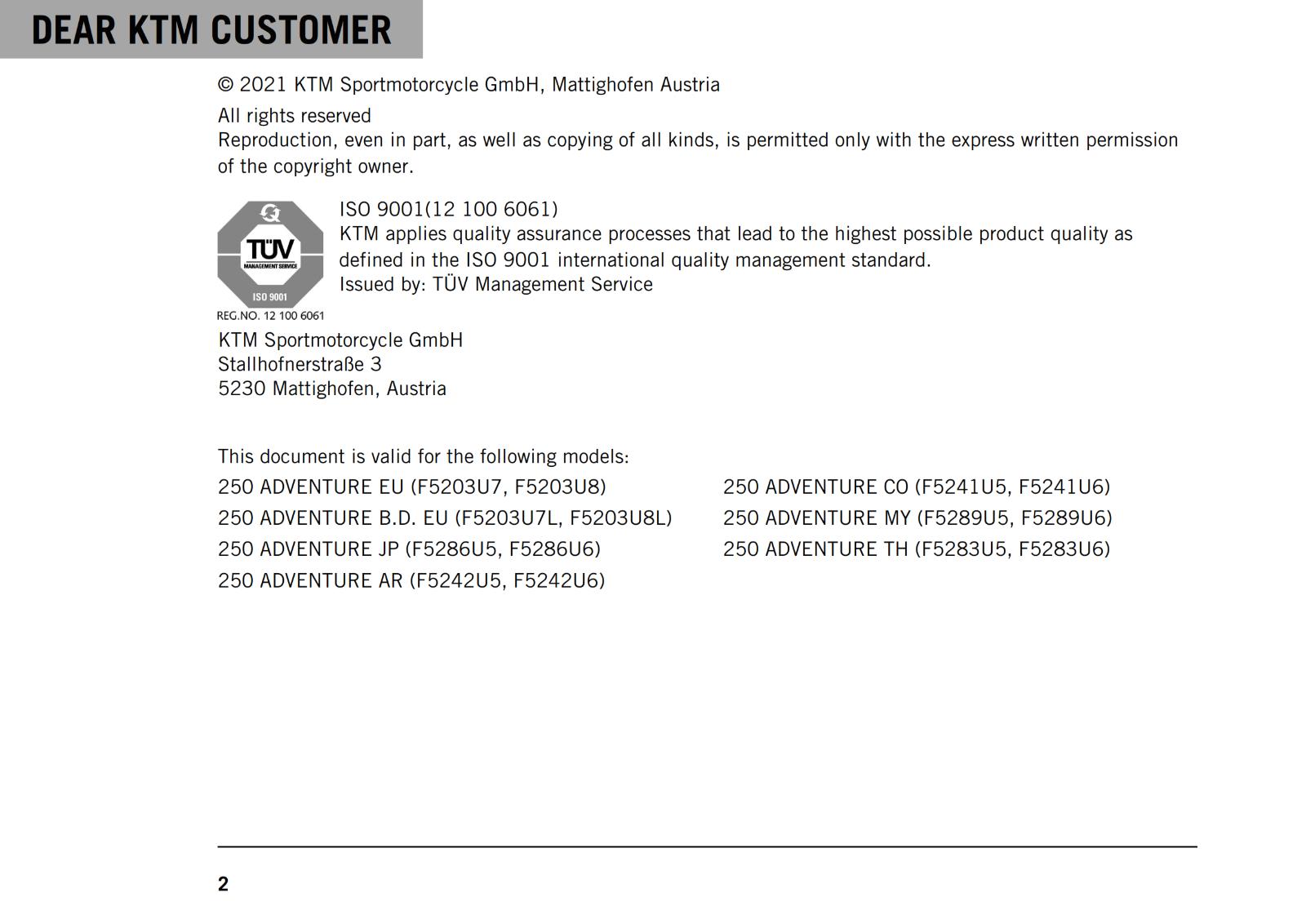 KTM 2021 OWNERS MANUAL - 250 ADVENTURE - REPRINTED