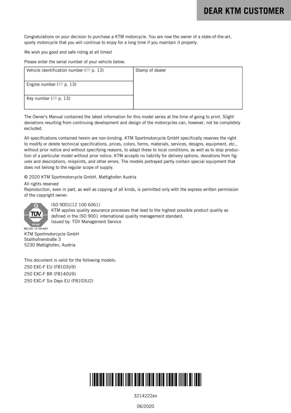 KTM 2021 OWNERS MANUAL - 250-EXC-F-SIX DAYS - REPRINTED