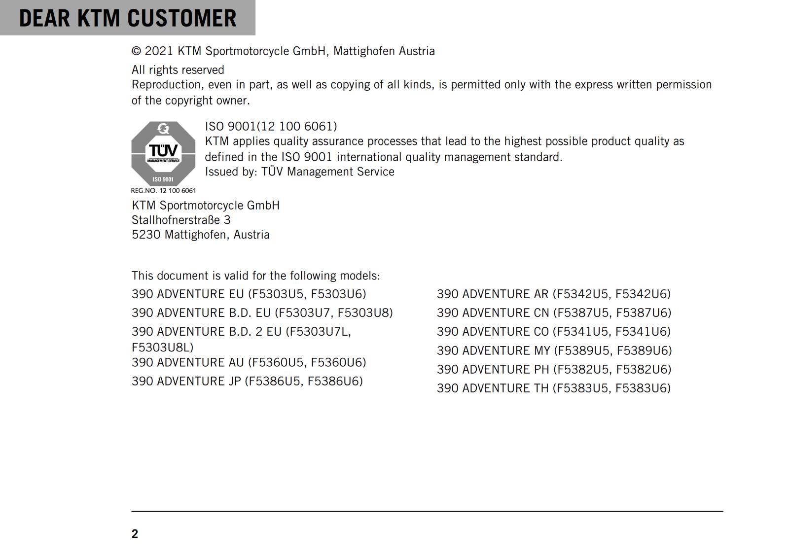 KTM 2021 OWNERS MANUAL - 390 ADVENTURE - REPRINTED