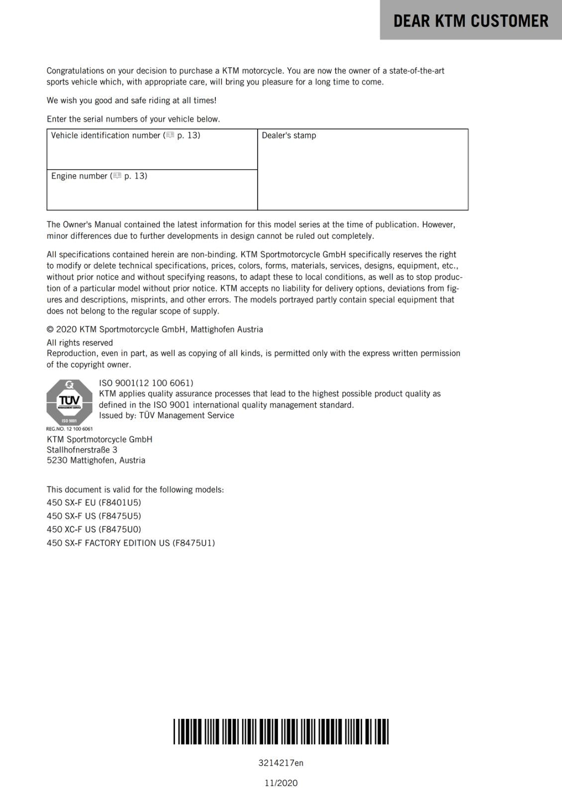 KTM 2021 OWNERS MANUAL - 450 -SX-F - XC-F - FACTORY EDITION