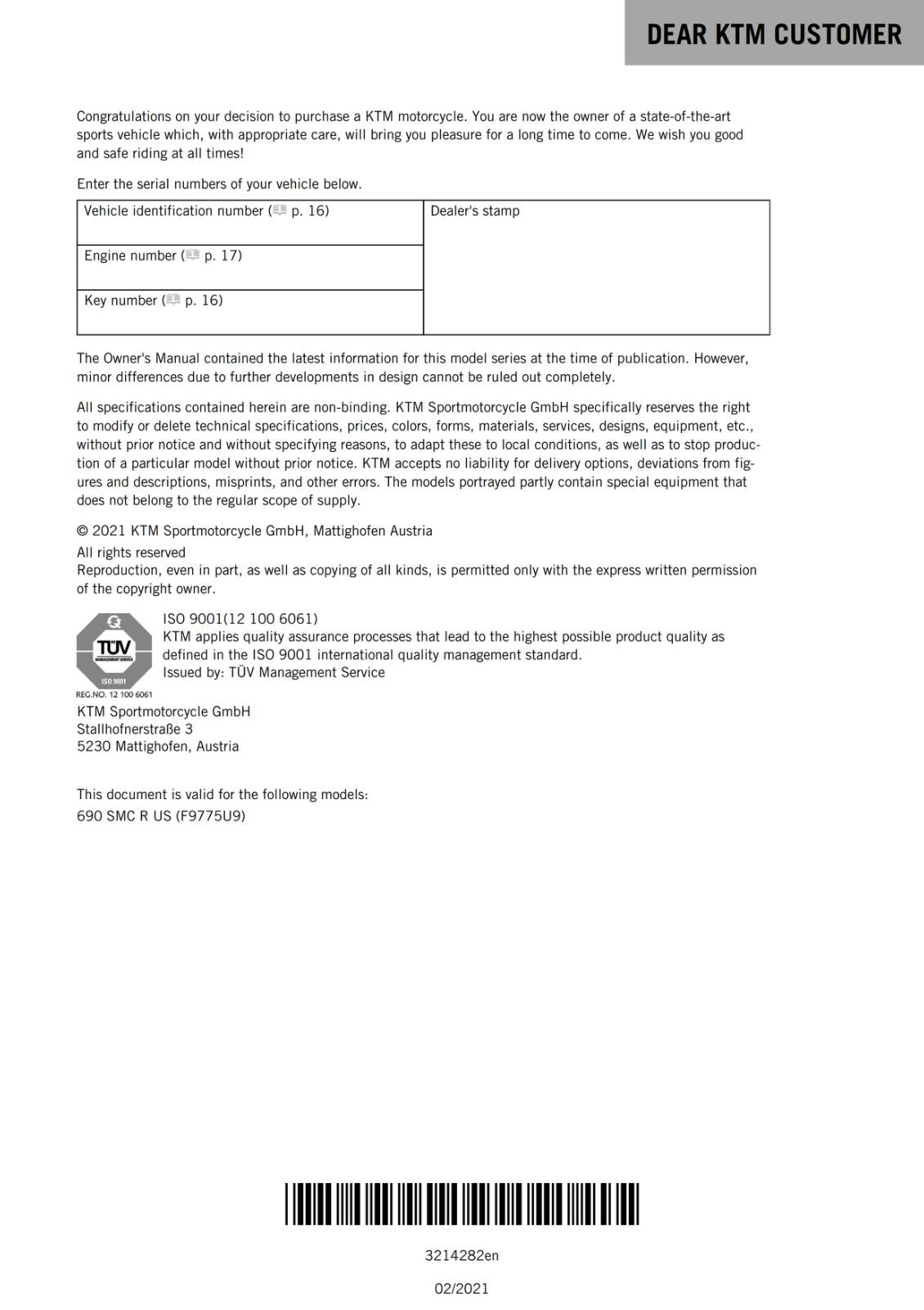 KTM 2021 OWNERS MANUAL -690 SMC R  US EDITION  - REPRINTED