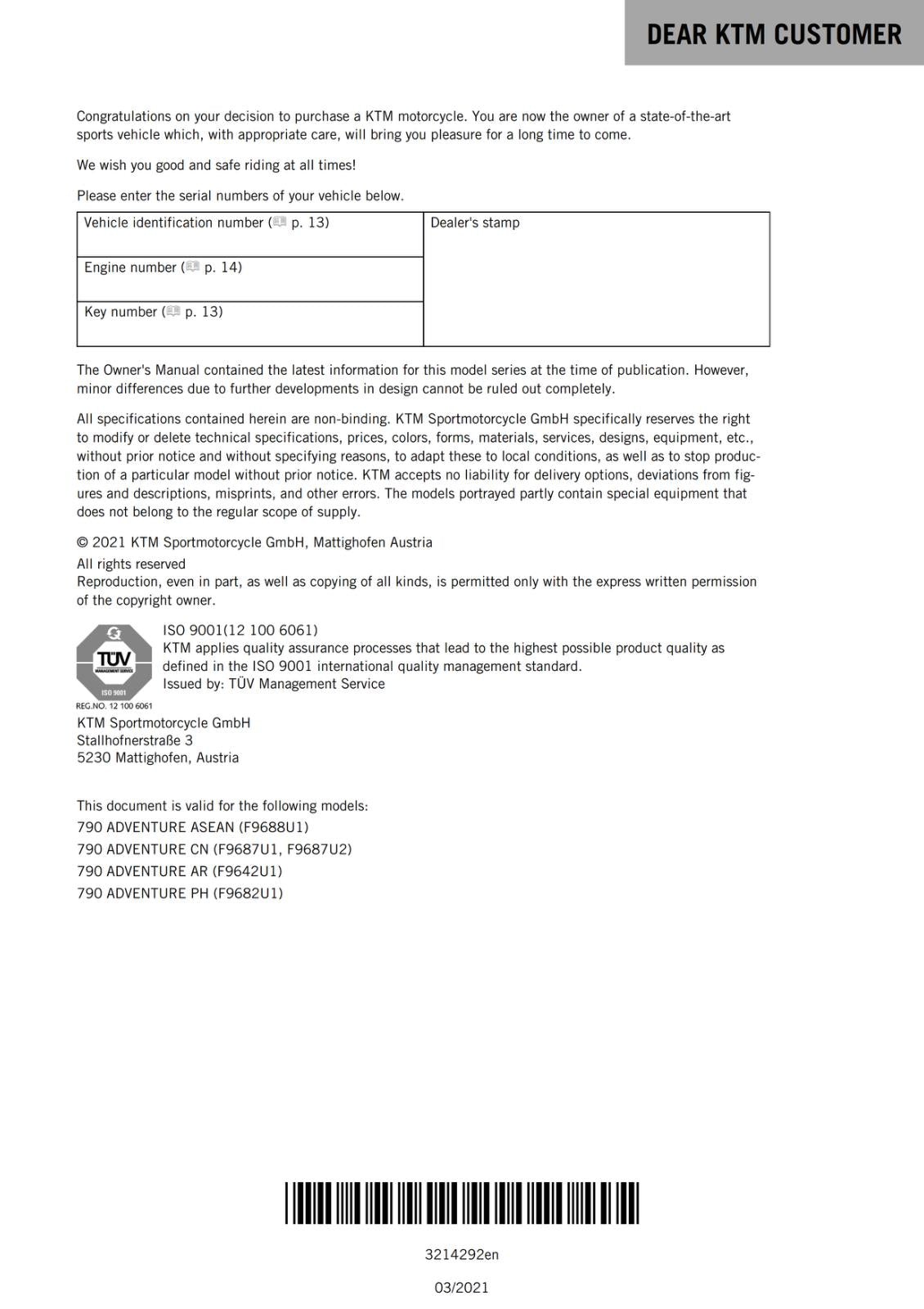 KTM 2021 OWNERS MANUAL - 790 ADVENTURE