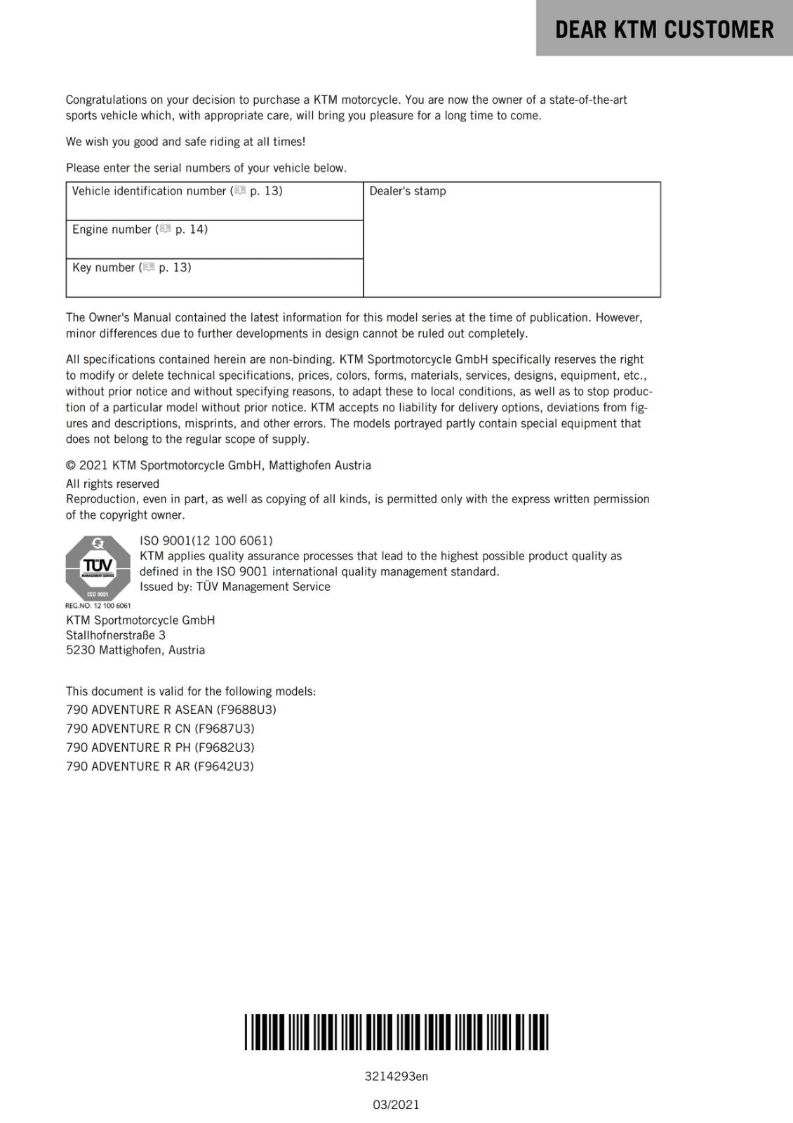 KTM 2021 OWNERS MANUAL - 790 ADVENTURE R