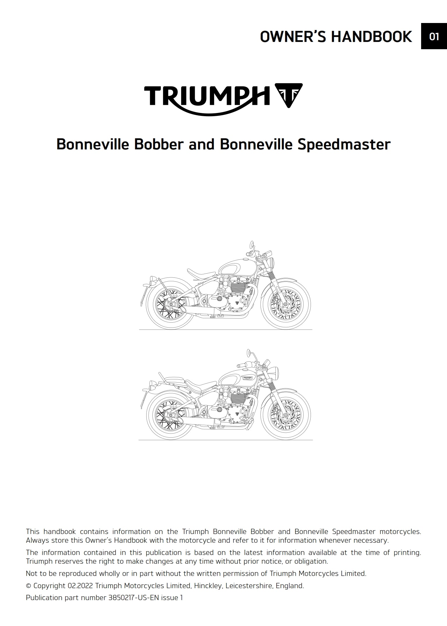 2022 TRIUMPH OWNERS HANDBOOK - BONNEVILLE BOBBER US EDITION